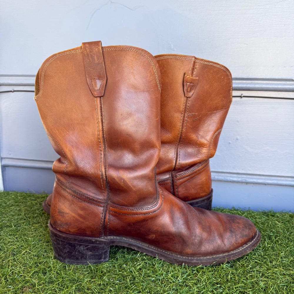 Vintage Mens Brown Leather Western Cowboy Pull On Work Boots Distressed - Picture 6 of 9